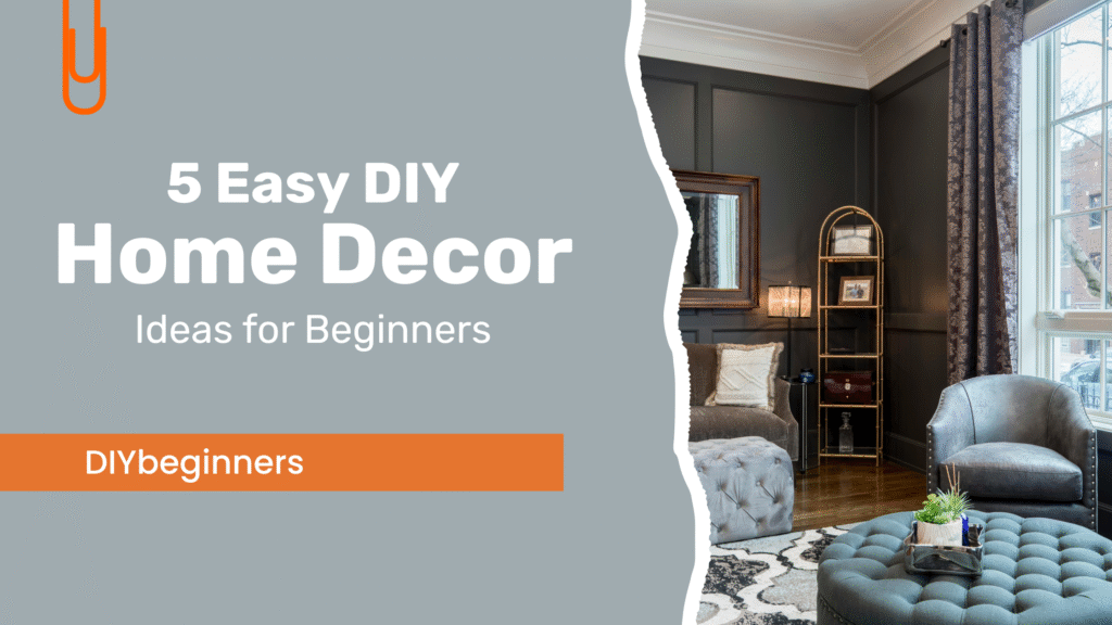 DIY home décor items including handmade wall art, vases, and cushions arranged in a cozy living room