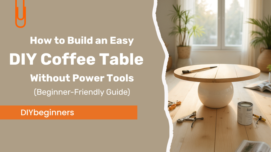 Handmade wooden coffee table built with basic tools, featuring a natural wood finish in a cozy living room