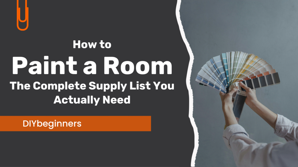 Painting supplies including brushes, rollers, painter’s tape, and drop cloth laid out on a wooden floor