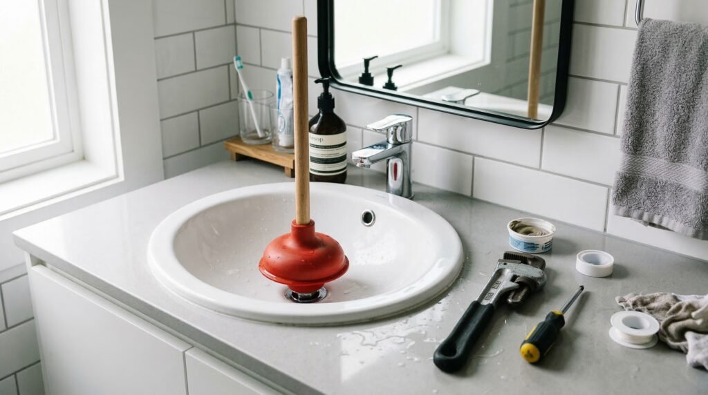 plunger and drain cleaning tools next to bathroom sink
