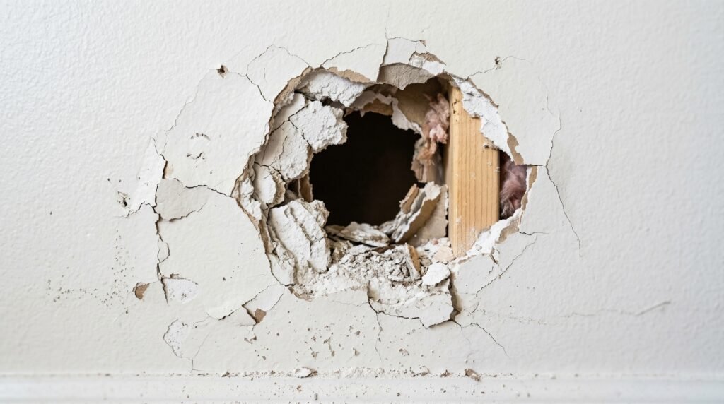close up of drywall hole and wall damage
